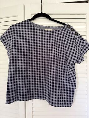 Madewell Navy and White Gingham Short-Sleeve Top with Shoulder Buttons